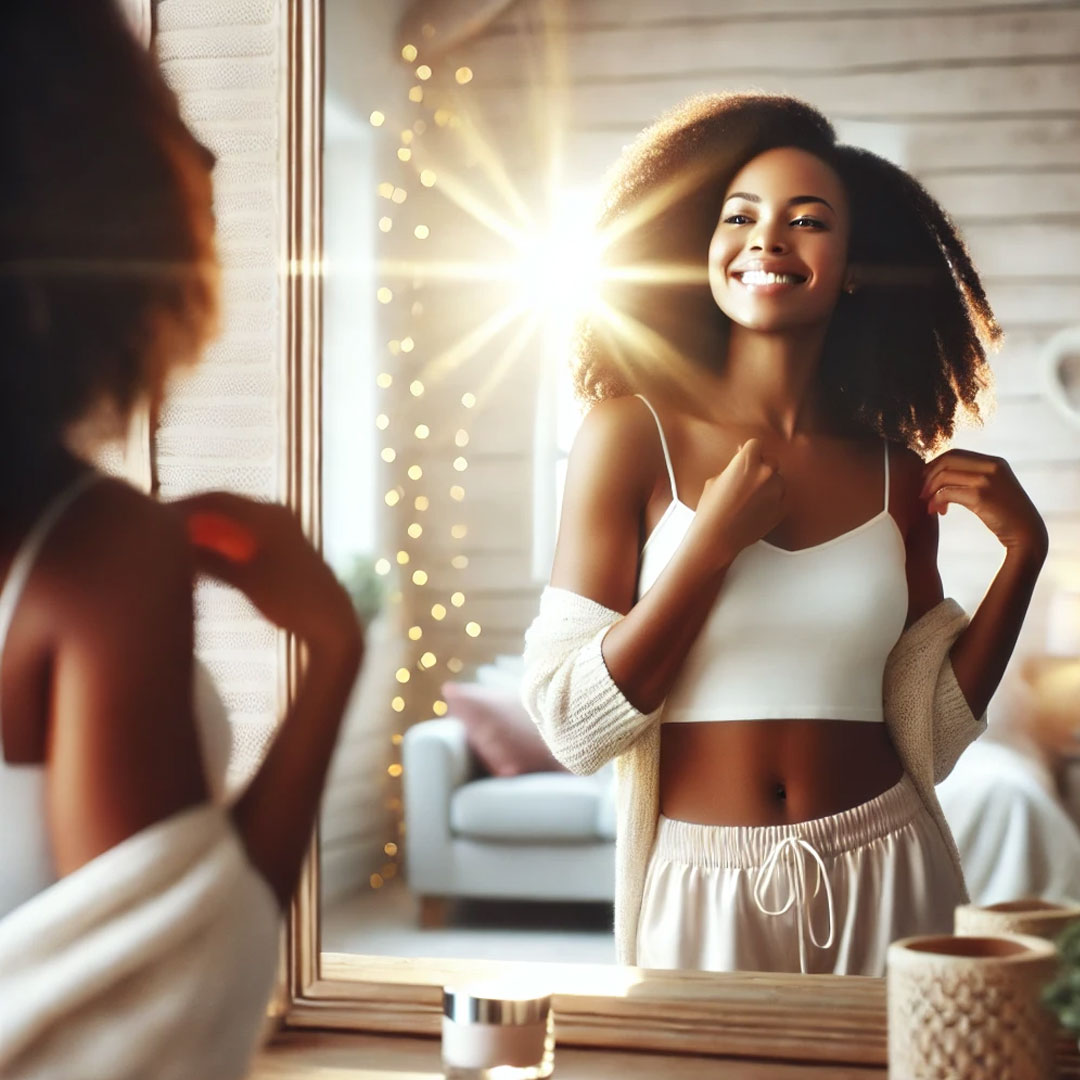 Boost your confidence through self-care. This image shows an African American woman practicing self-love in a peaceful setting, promoting wellness and confidence.