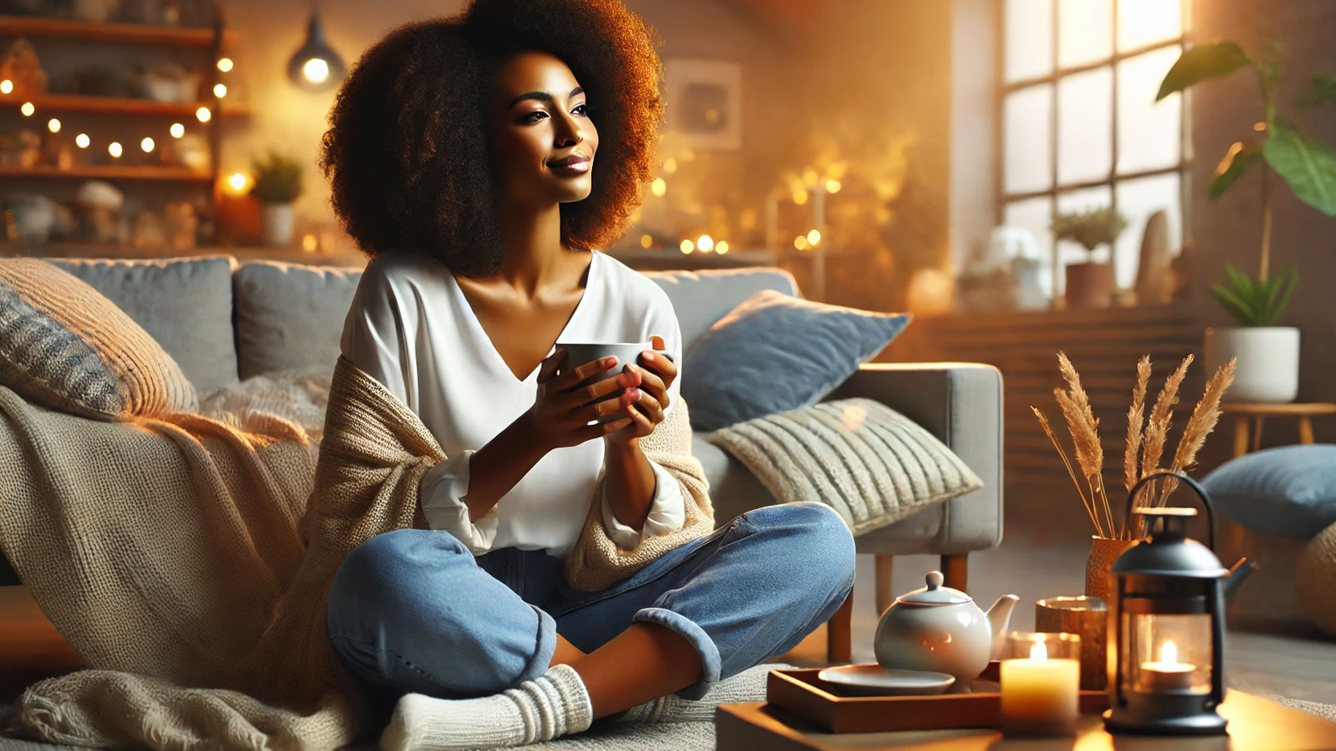 African American woman relaxing in a cozy home environment with a cup of tea, practicing self-care to prevent burnout and recharge her energy.