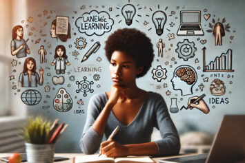 An African American female focused on overcoming mental hurdles while learning new skills, surrounded by symbols of personal growth and determination.