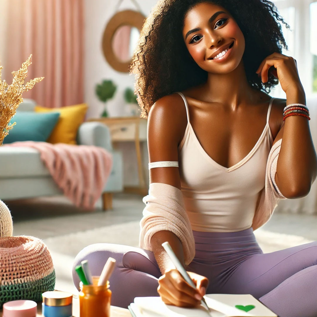 A confident African American woman practices self-care, focusing on skincare and positive energy, demonstrating how self-care boosts self-esteem.