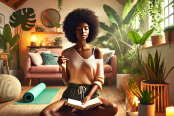 African American woman sitting peacefully in a serene environment, practicing mindfulness and self-care, representing the importance of wellness.