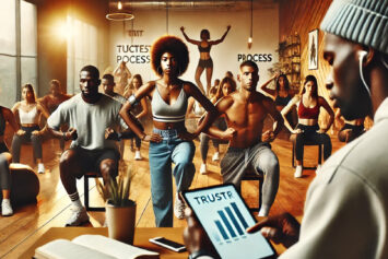 Motivational image of African American men and women working towards personal and fitness goals in a supportive, vibrant environment, symbolizing the power of trusting the process.