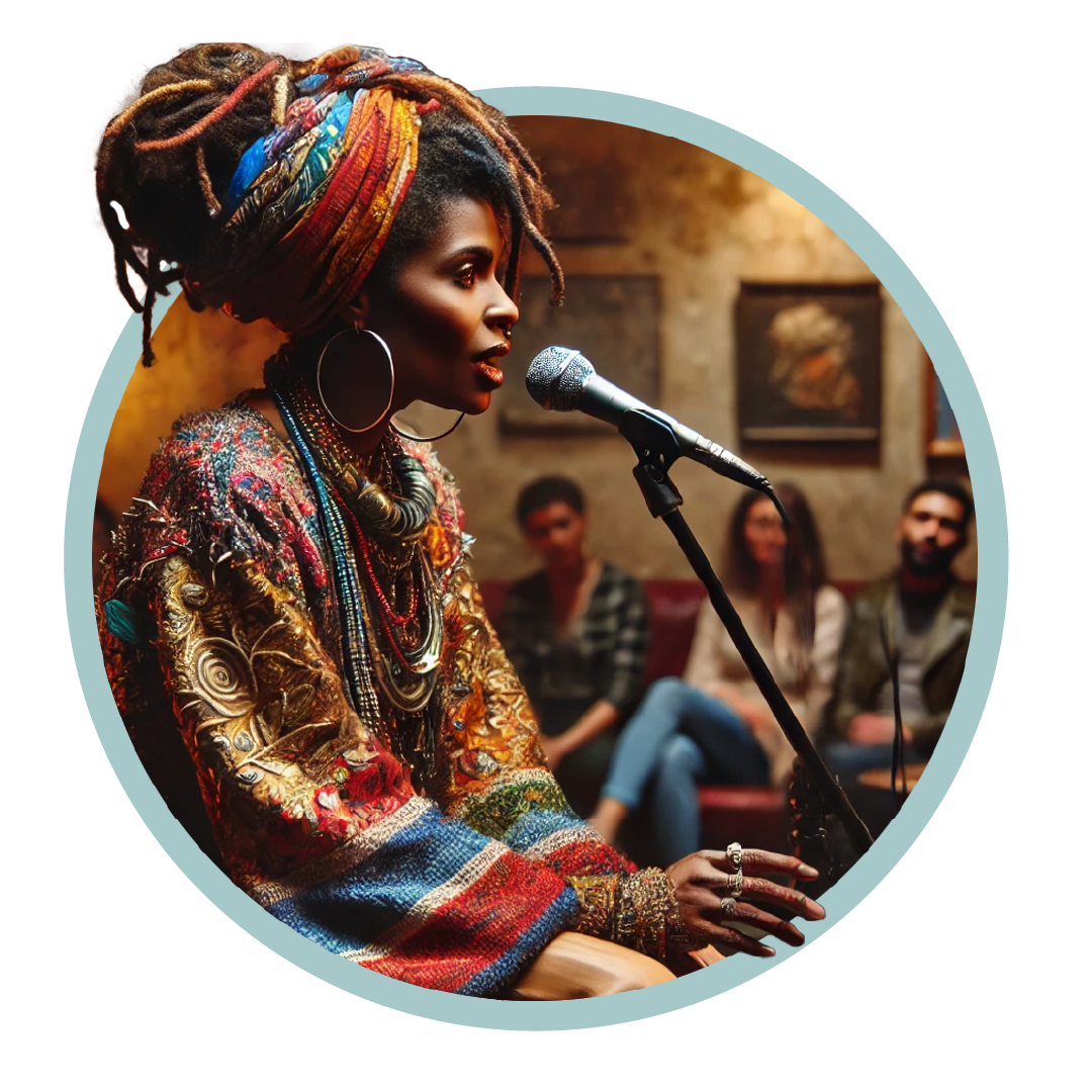 African American woman in her mid-40s performing poetry at a mic, wearing eclectic and vibrant attire, with a cozy, intimate audience in the background at Sarovyn.