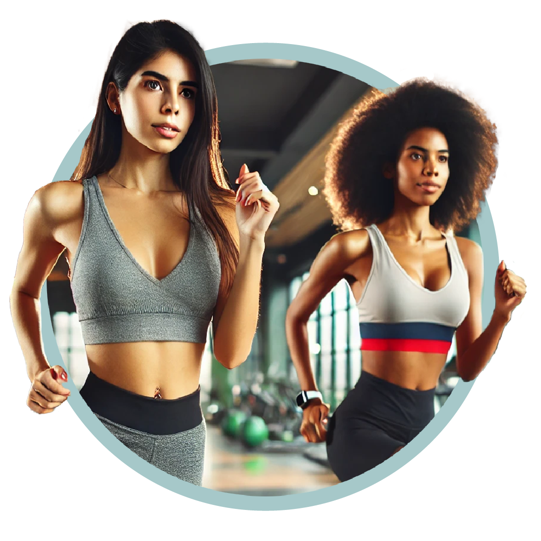 Latina woman and African American woman in fitness gear doing cardio exercises in a modern gym environment at Sarovyn, emphasizing wellness and community.