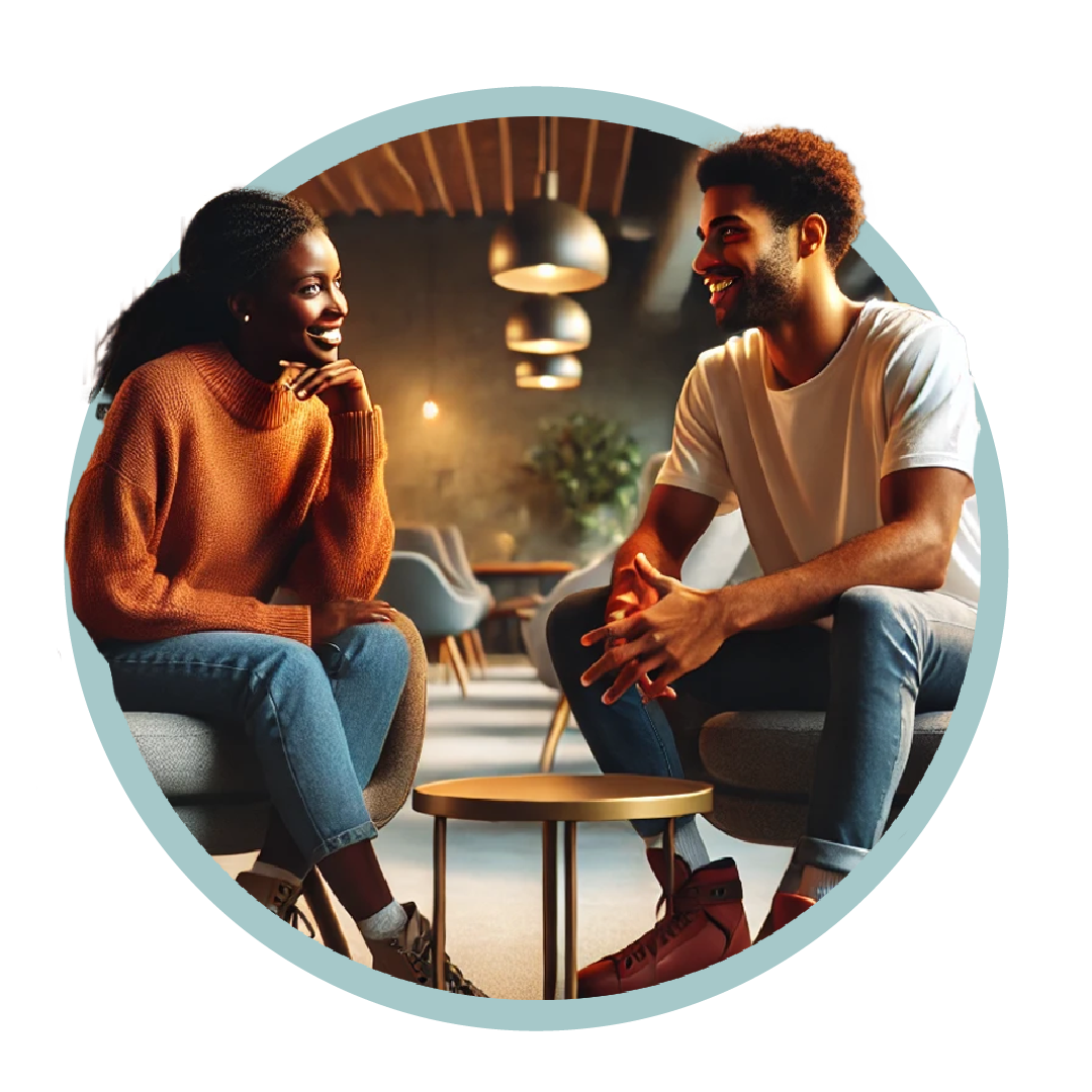 African American man and woman sitting in a comfortable skate lounge at Sarovyn, engaged in a warm conversation, wearing casual and cozy attire.